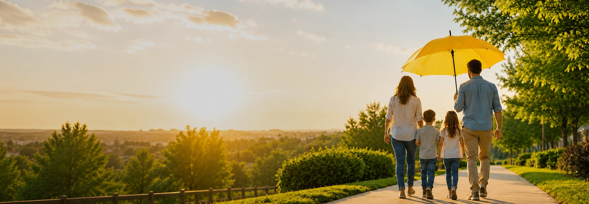 Family stroll at golden hour